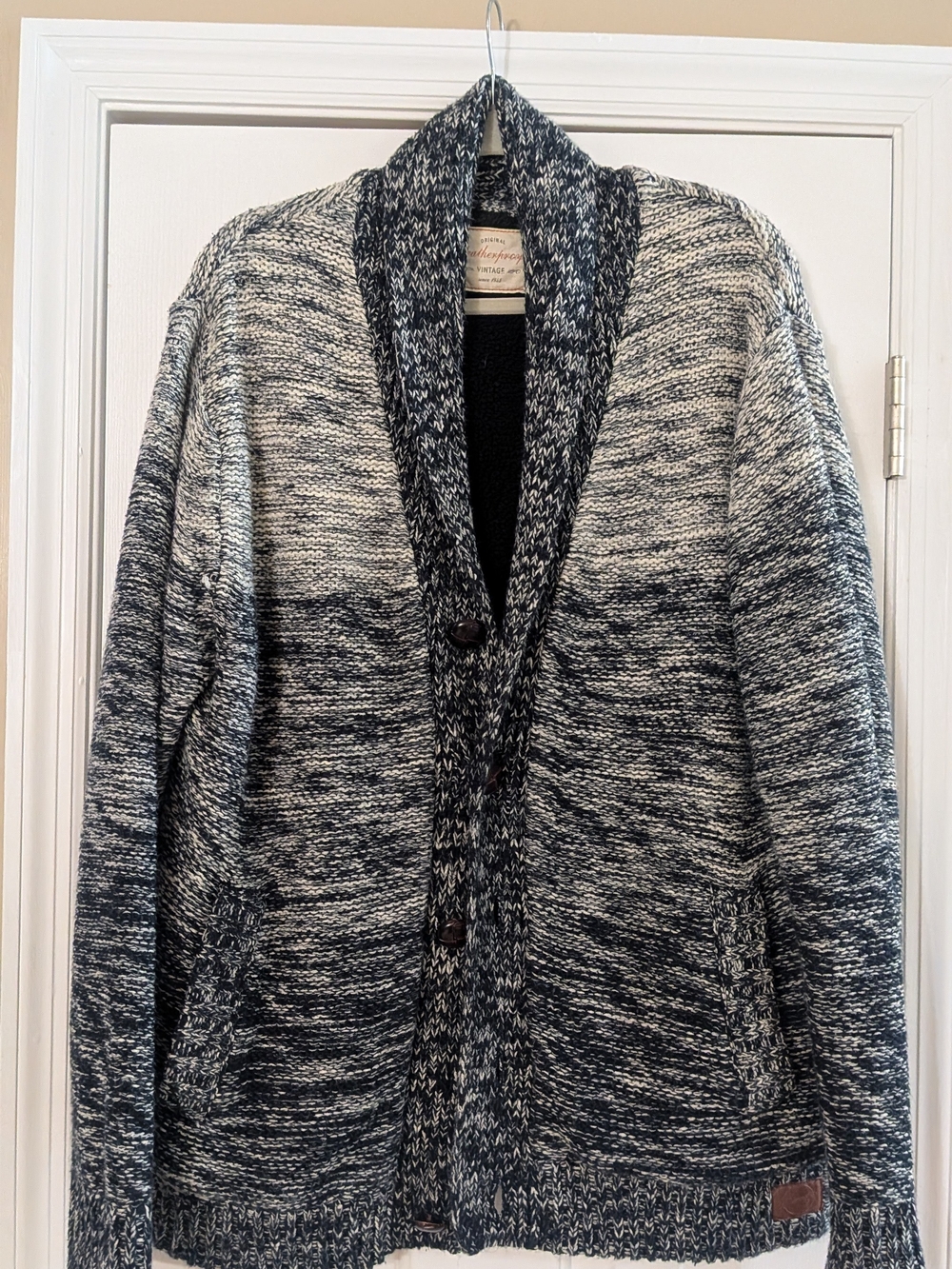 Weatherproof Marled Navy and White Shawl Collar Cardigan With Sherpa Lining L